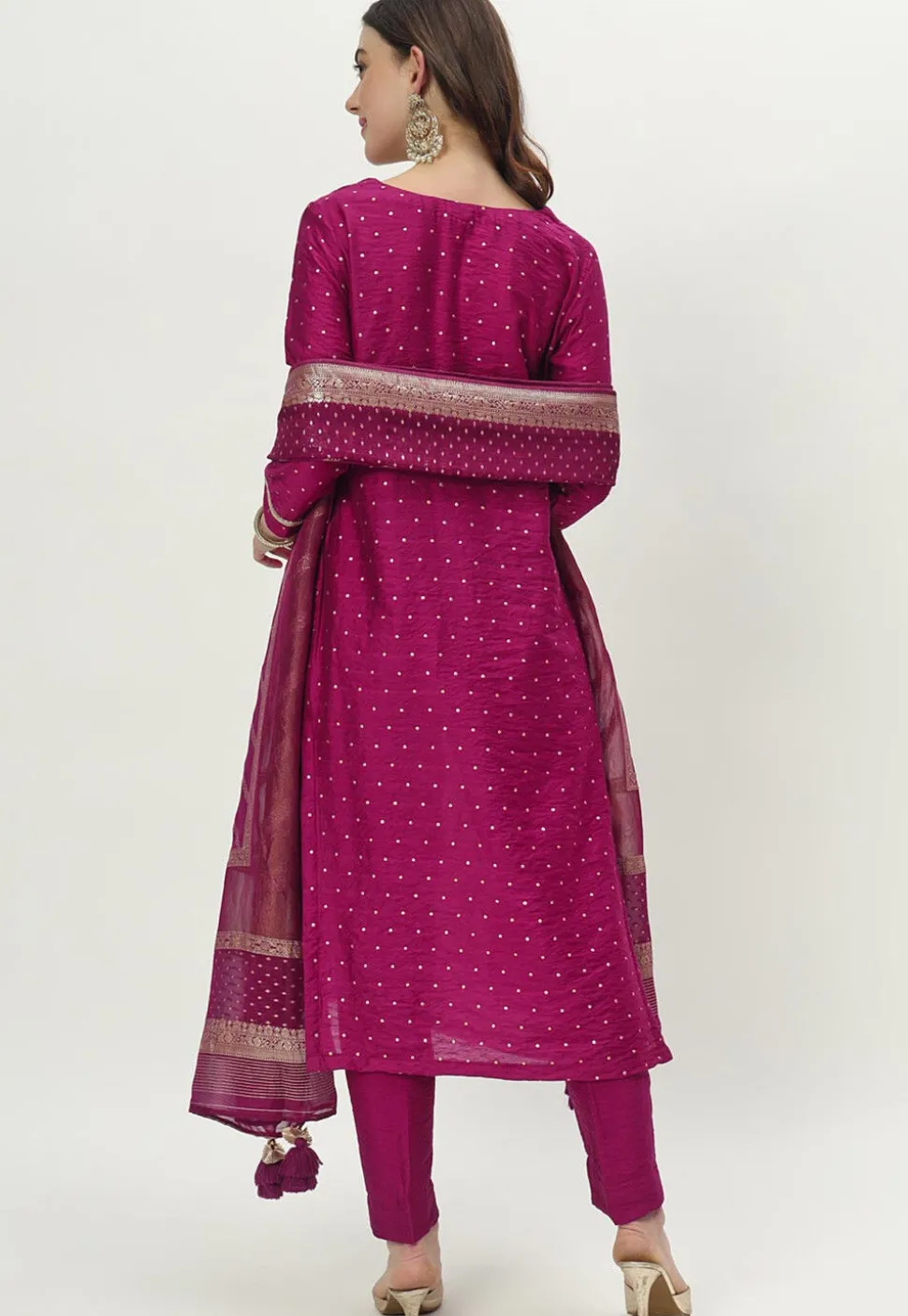 Woven Chanderi Silk Pakistani Suit in Magenta