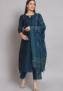 Woven Chanderi Silk Pakistani Suit in Teal Blue
