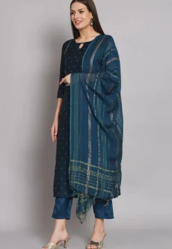 Woven Chanderi Silk Pakistani Suit in Teal Blue