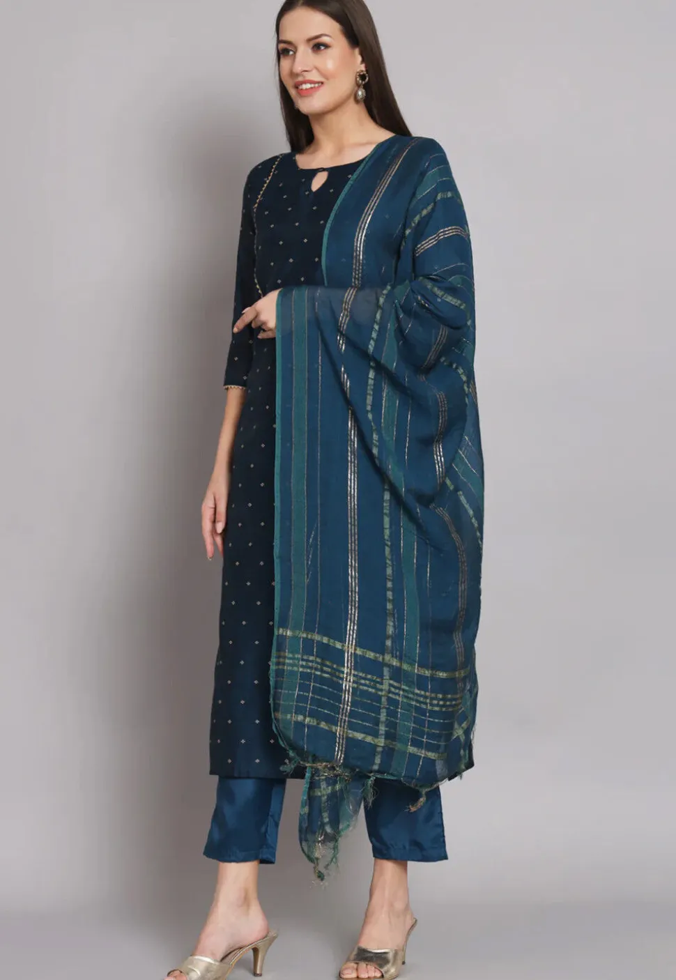 Woven Chanderi Silk Pakistani Suit in Teal Blue