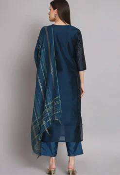 Woven Chanderi Silk Pakistani Suit in Teal Blue