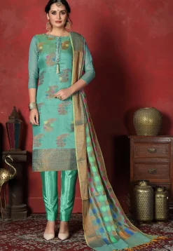 Woven Chanderi Silk  Pakistani Suit in Turquoise