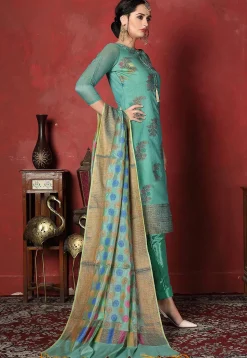 Woven Chanderi Silk  Pakistani Suit in Turquoise