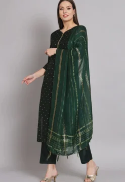 Woven Chanderi Silk Pakistani Suit in Dark Green