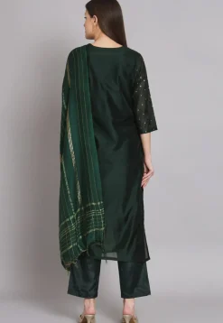 Woven Chanderi Silk Pakistani Suit in Dark Green