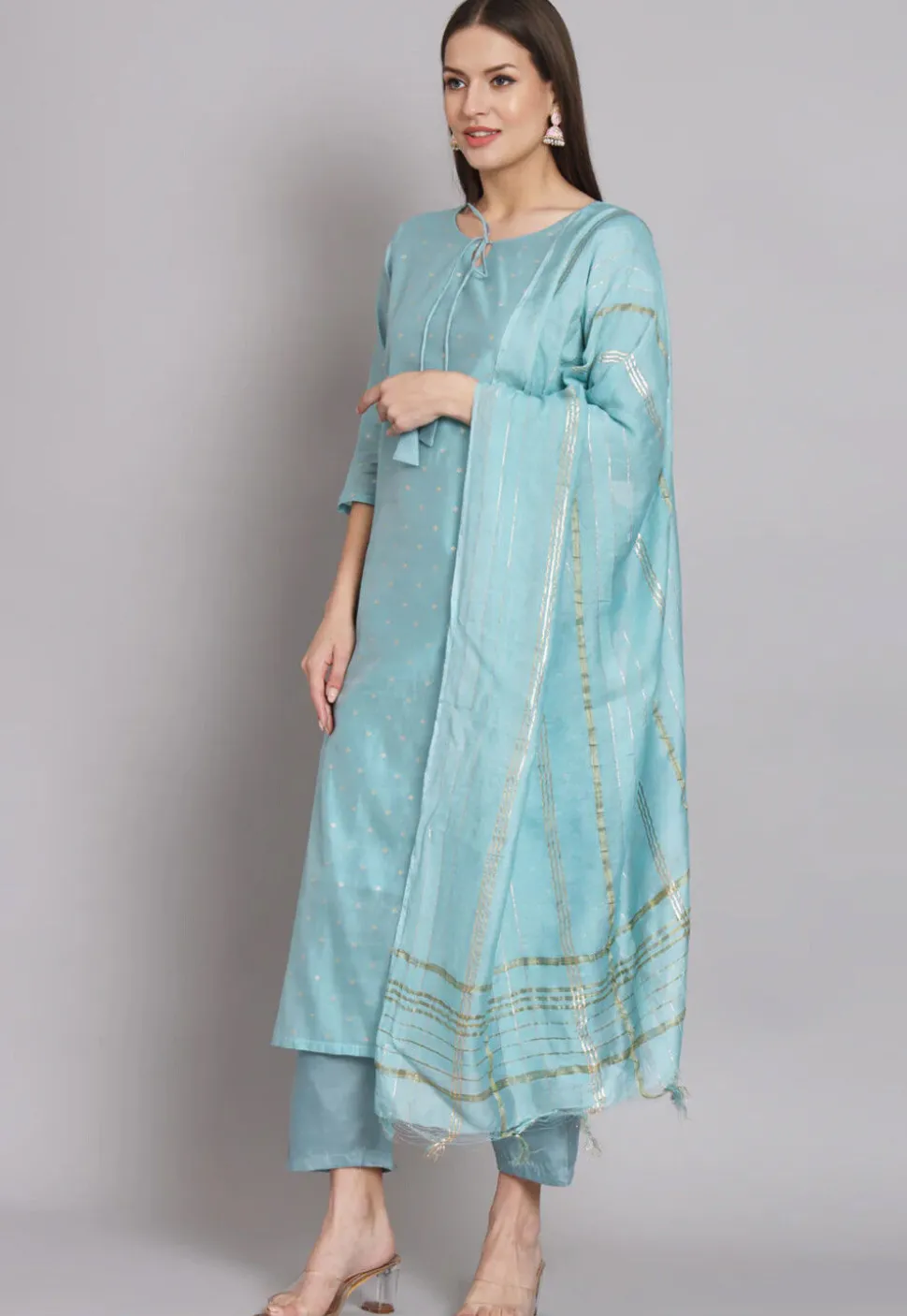 Woven Chanderi Silk Pakistani Suit in Sky Blue