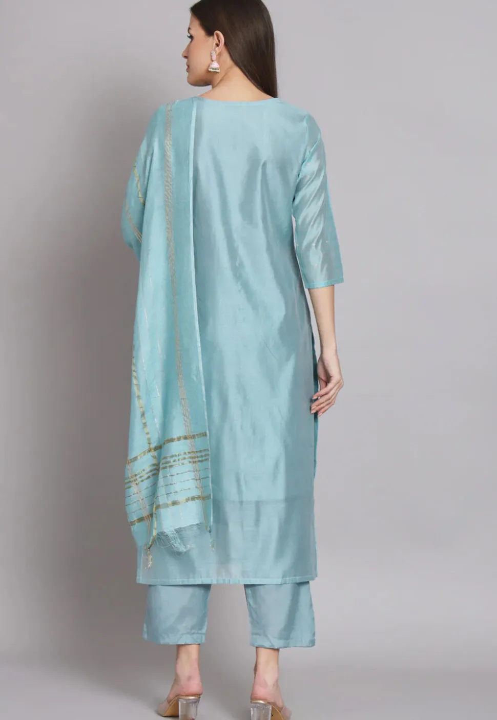 Woven Chanderi Silk Pakistani Suit in Sky Blue