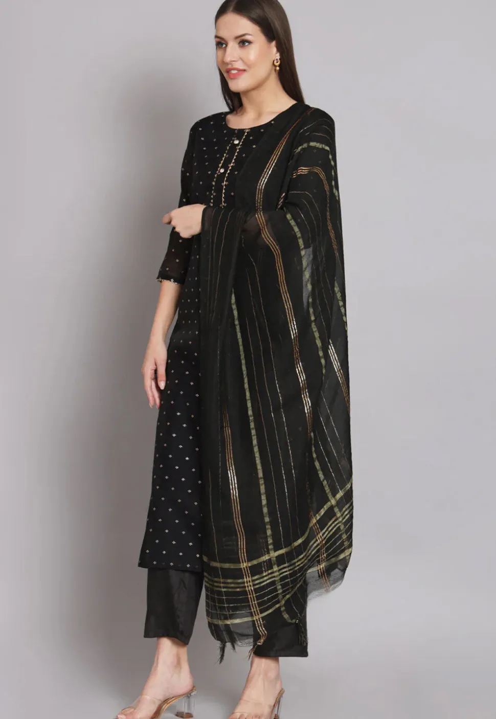 Woven Chanderi Silk Pakistani Suit in Black