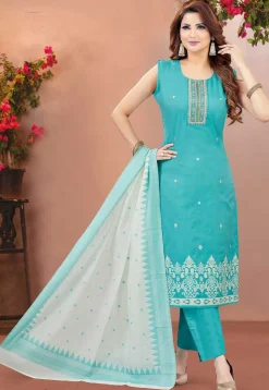 Woven Chanderi Silk Pakistani Suit in Teal Blue