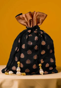 Woven Chanderi Silk Potli Bag in Black