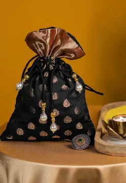 Woven Chanderi Silk Potli Bag in Black