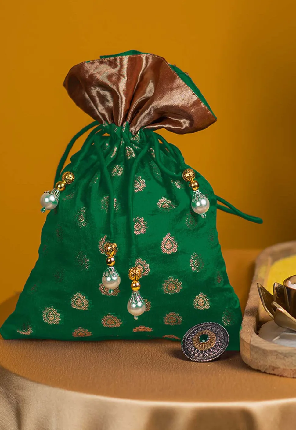 Woven Chanderi Silk Potli Bag in Green