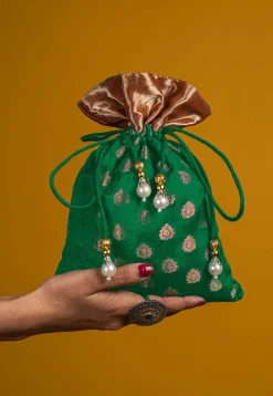 Woven Chanderi Silk Potli Bag in Green