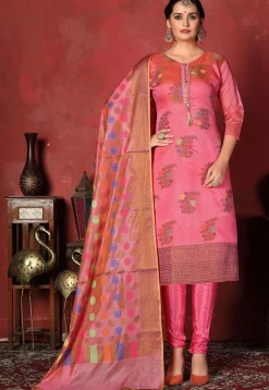 Woven Chanderi Silk  Straight Suit in Coral Pink