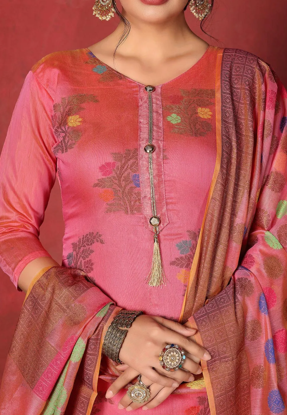 Woven Chanderi Silk Straight Suit in Coral Pink