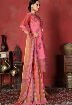 Woven Chanderi Silk Straight Suit in Coral Pink