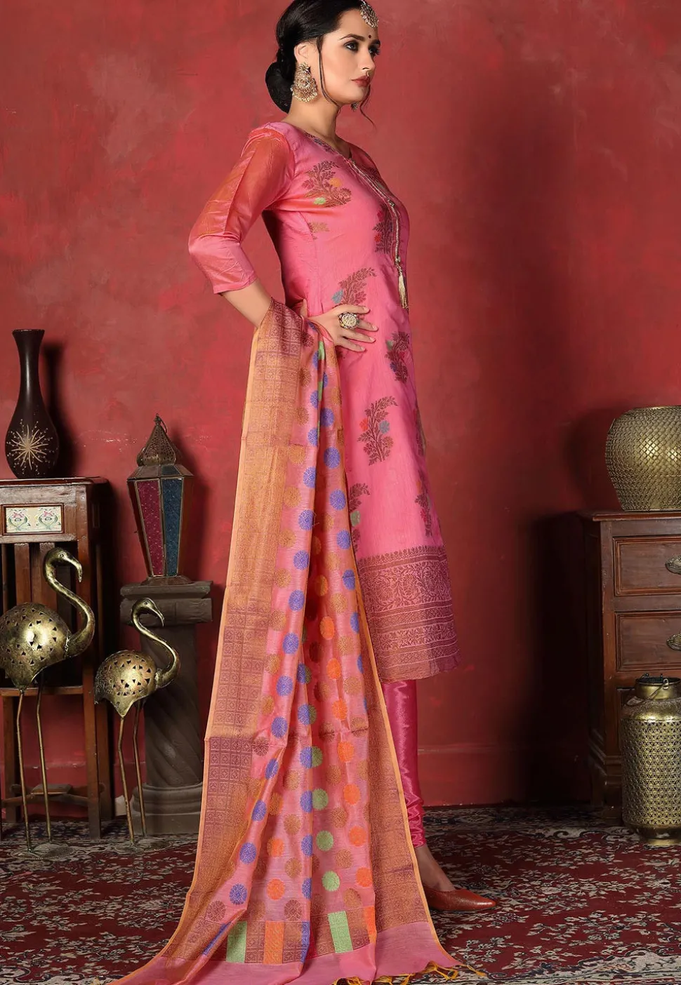 Woven Chanderi Silk Straight Suit in Coral Pink