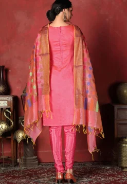 Woven Chanderi Silk Straight Suit in Coral Pink