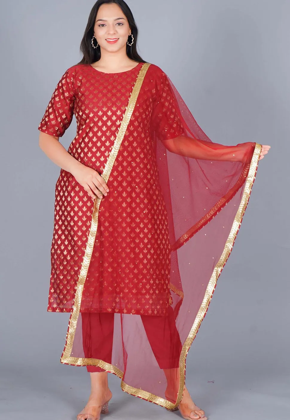 Woven Chanderi Straight Suit in Maroon
