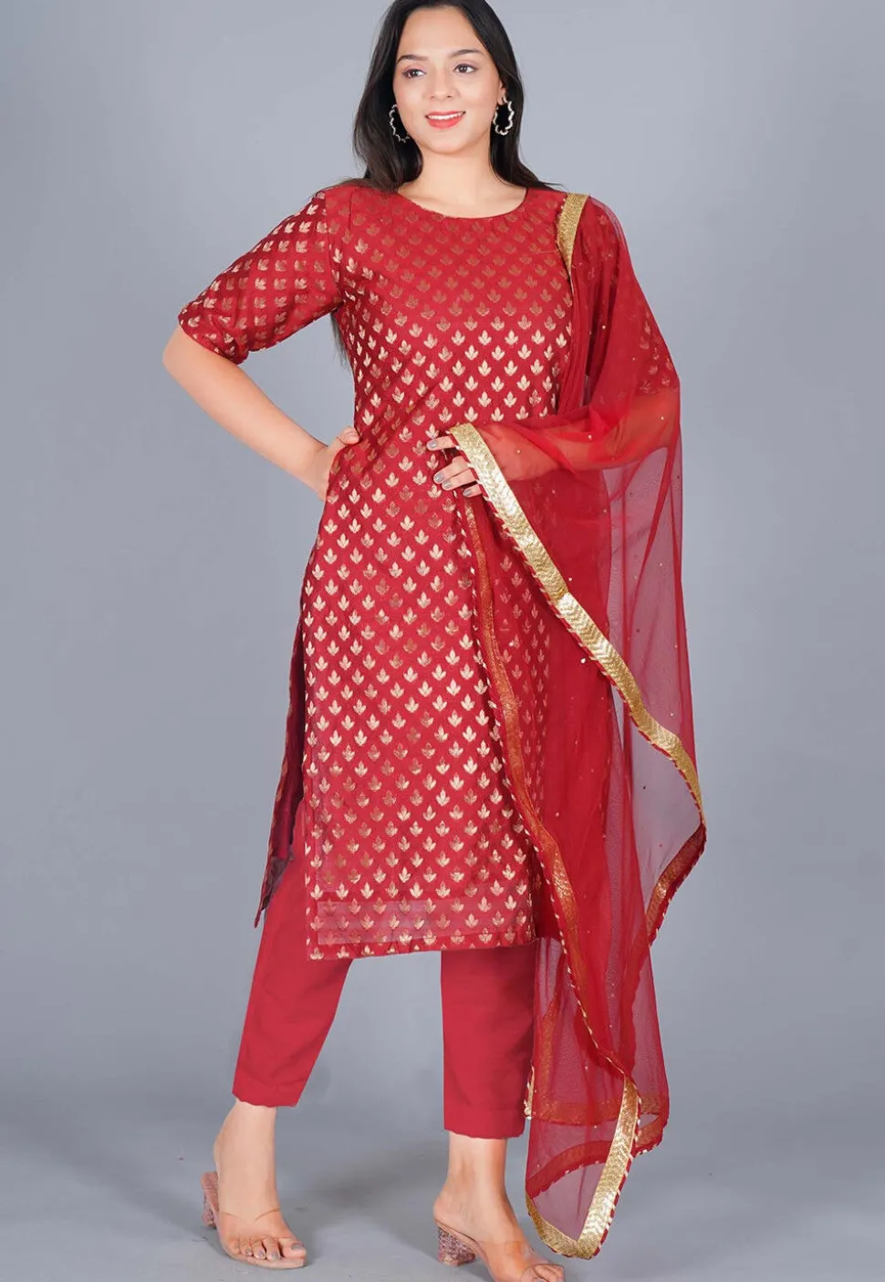 Woven Chanderi Straight Suit in Maroon
