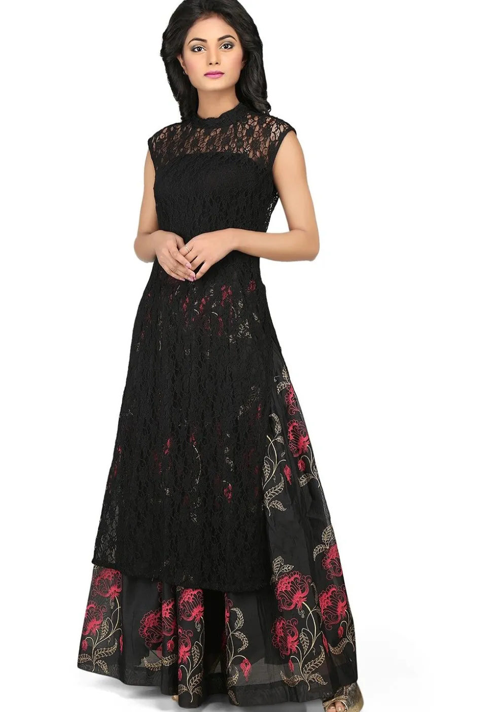 Woven Chantelle Net Long Kurta in Black