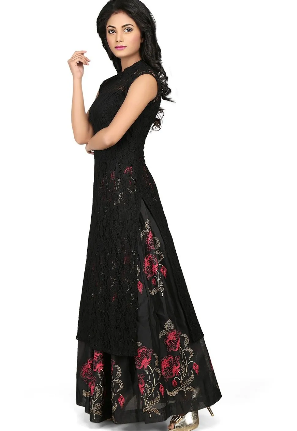 Woven Chantelle Net Long Kurta in Black
