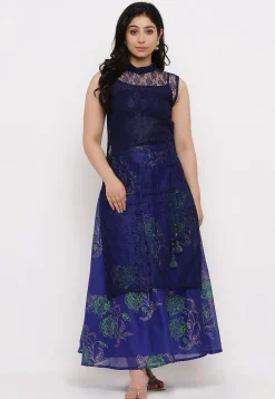 Woven Chantelle Net Straight Kurta in Navy Blue