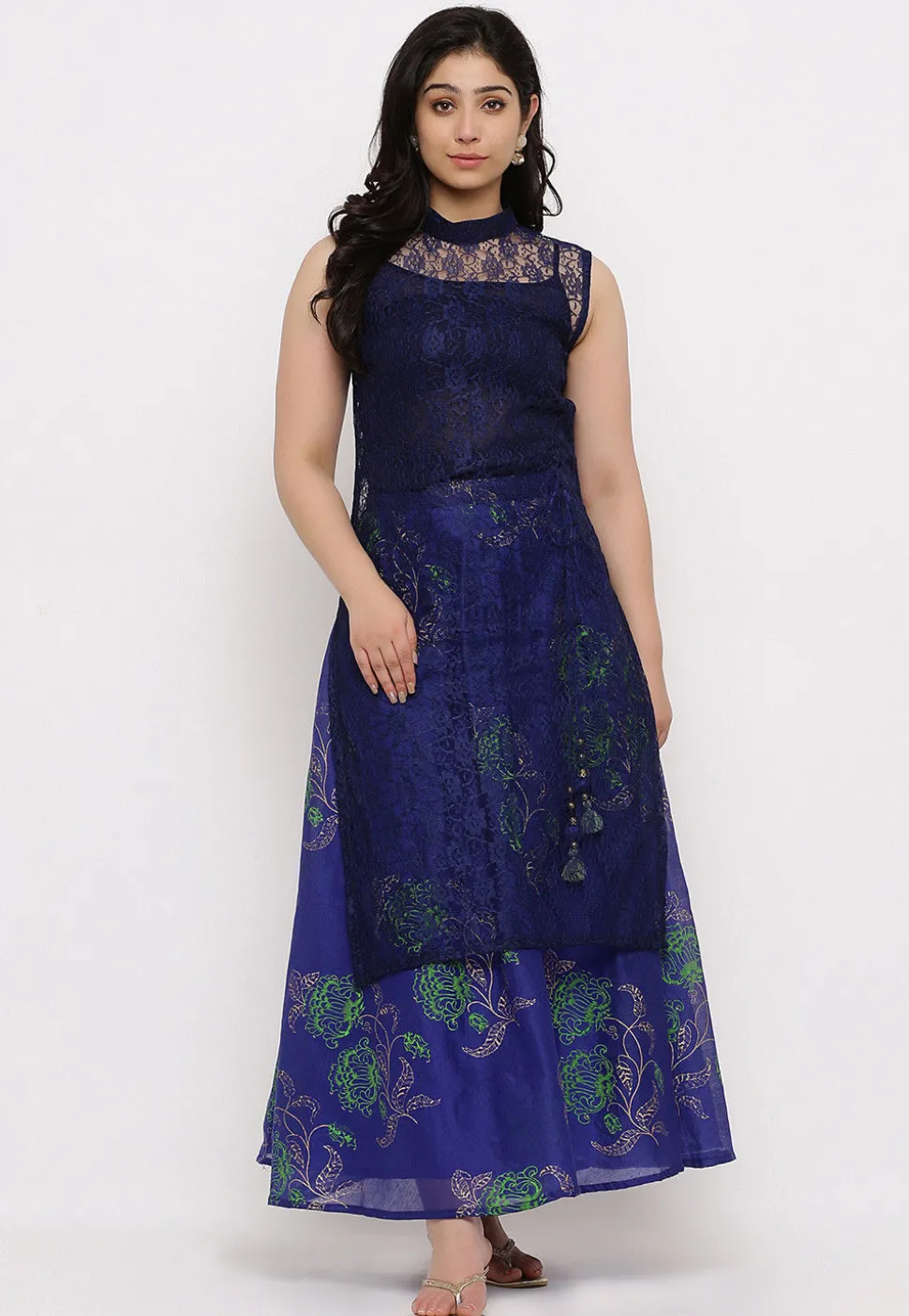Woven Chantelle Net Straight Kurta in Navy Blue