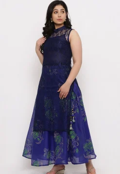 Woven Chantelle Net Straight Kurta in Navy Blue