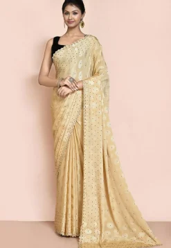Woven Chiffon Saree in Beige