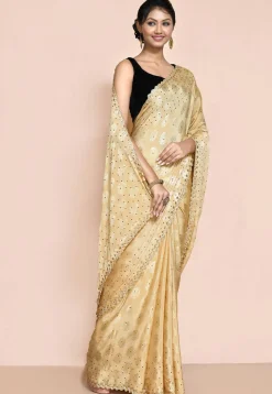 Woven Chiffon Saree in Beige