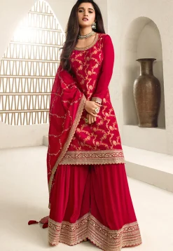 Woven Chinon Chiffon Jacquard Pakistani Suit in Red