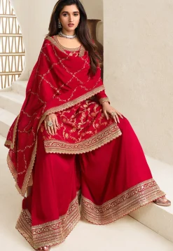 Woven Chinon Chiffon Jacquard Pakistani Suit in Red