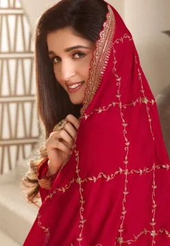 Woven Chinon Chiffon Jacquard Pakistani Suit in Red