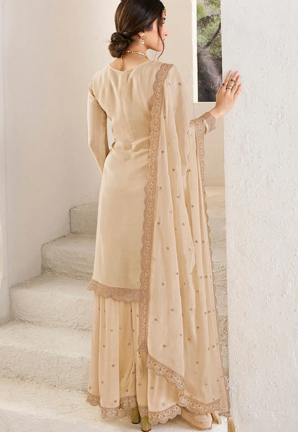 Woven Chinon Chiffon Pakistani Suit in Beige