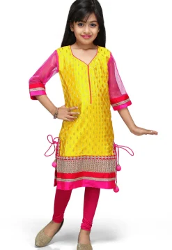Woven Chinon Crepe Kurta Set in Yellow