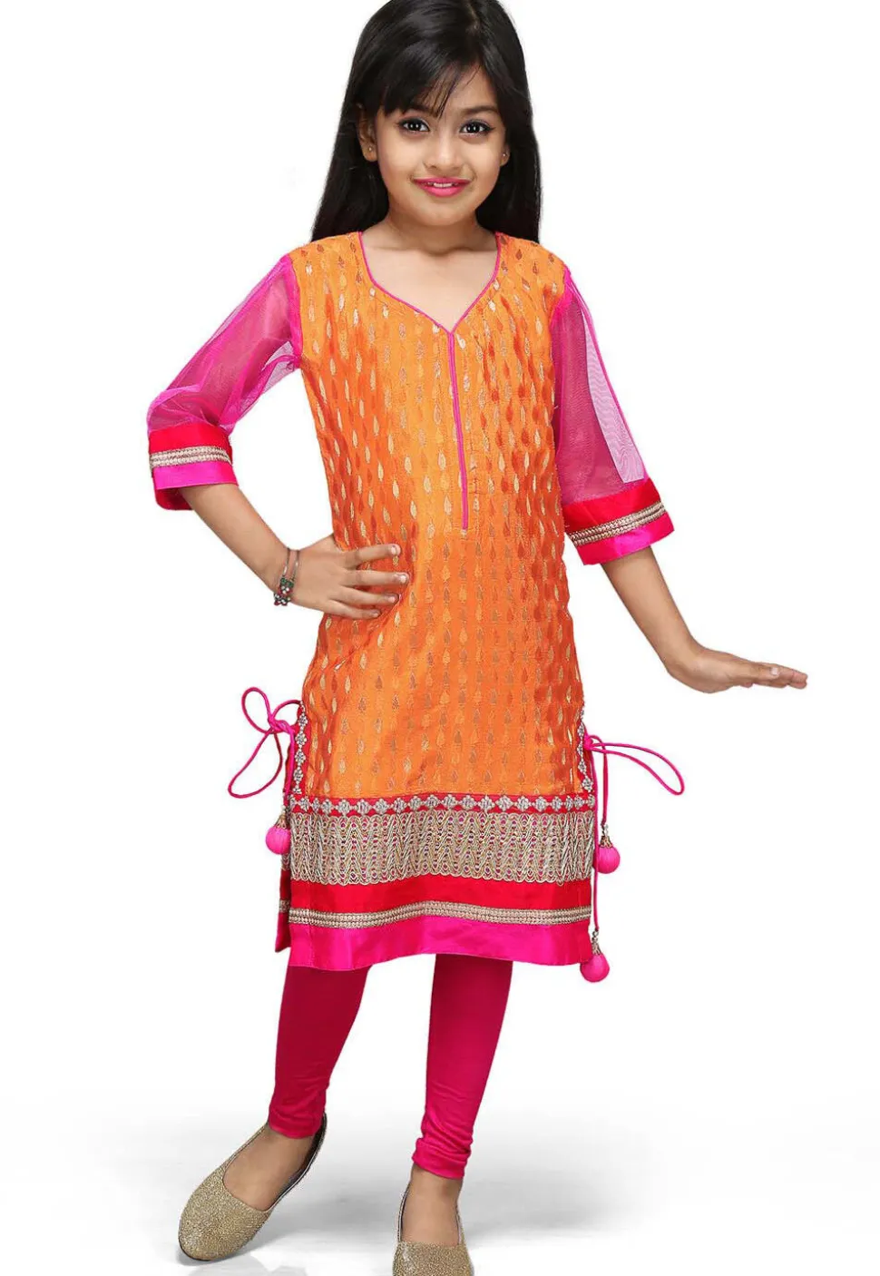 Woven Chinon Crepe Kurta Set in Peach