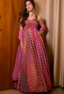 Woven Chinon Silk Abaya Style Suit in Multicolor