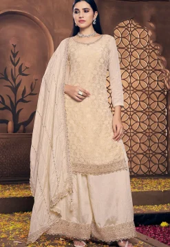 Woven Chinon Silk Jacquard Pakistani Suit in Cream