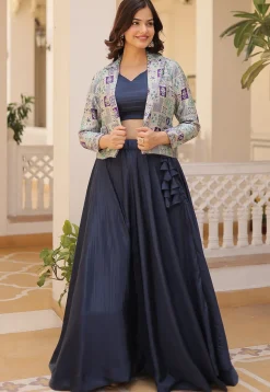Woven Chinon Silk Lehenga in Navy Blue