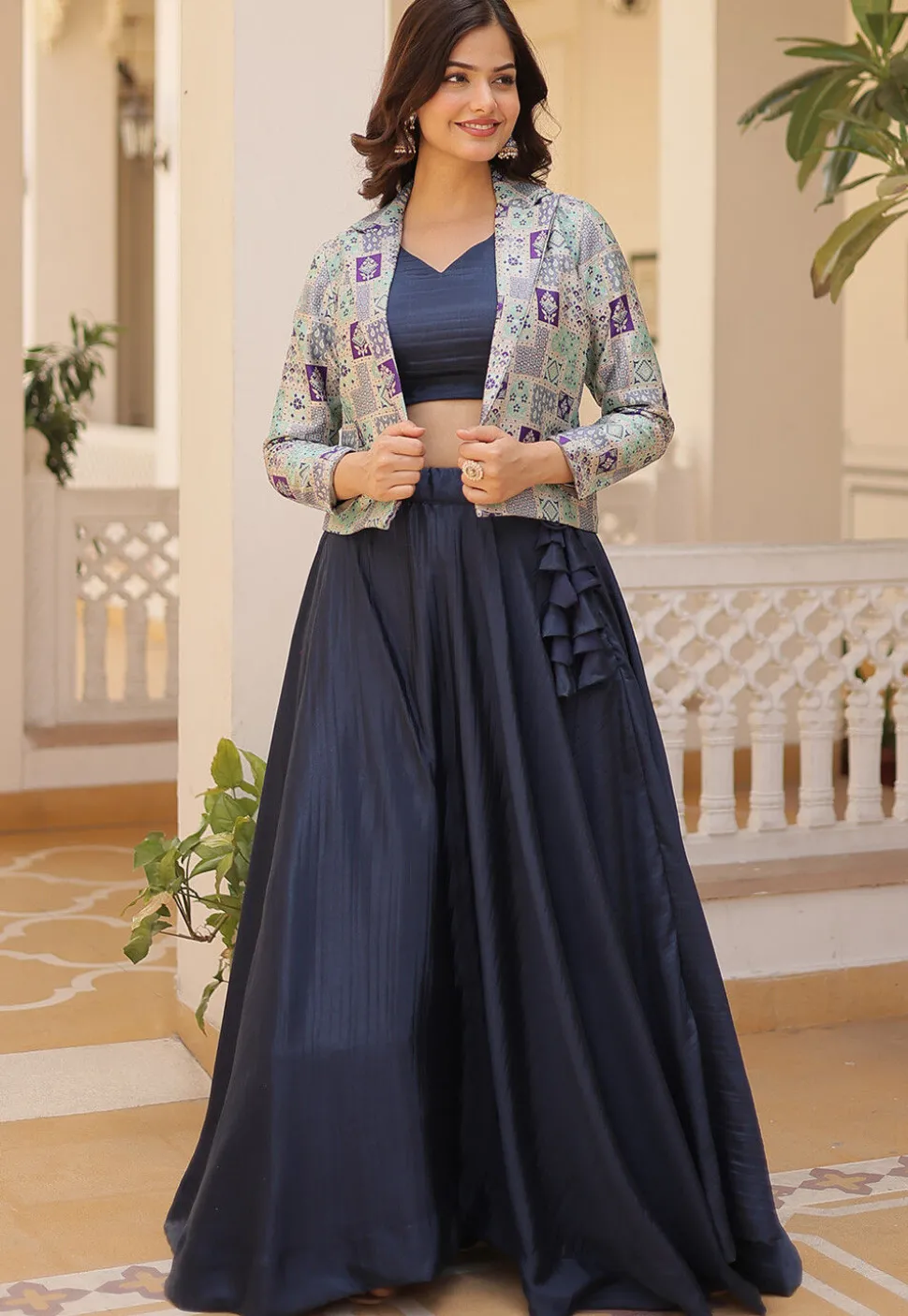 Woven Chinon Silk Lehenga in Navy Blue