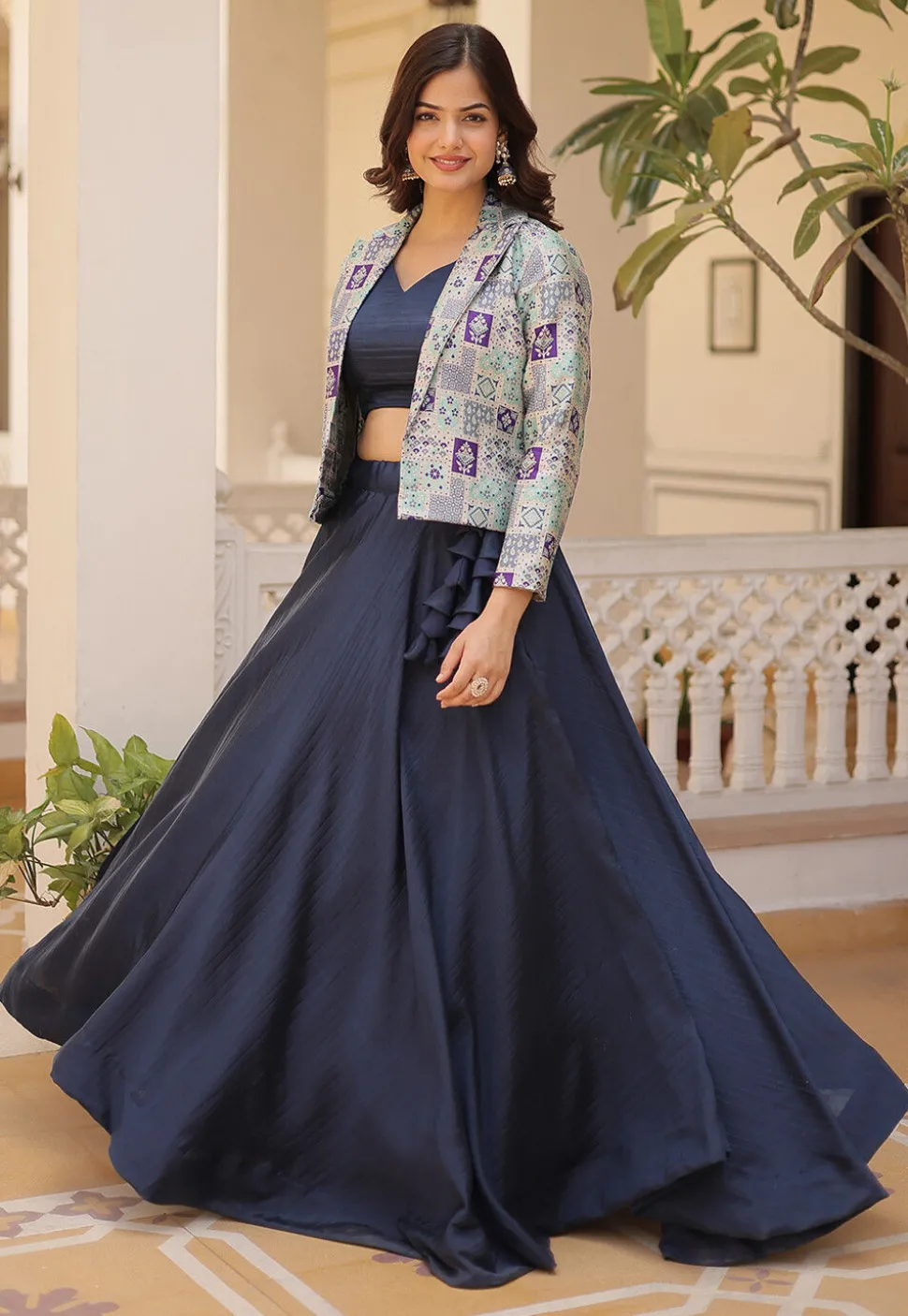 Woven Chinon Silk Lehenga in Navy Blue