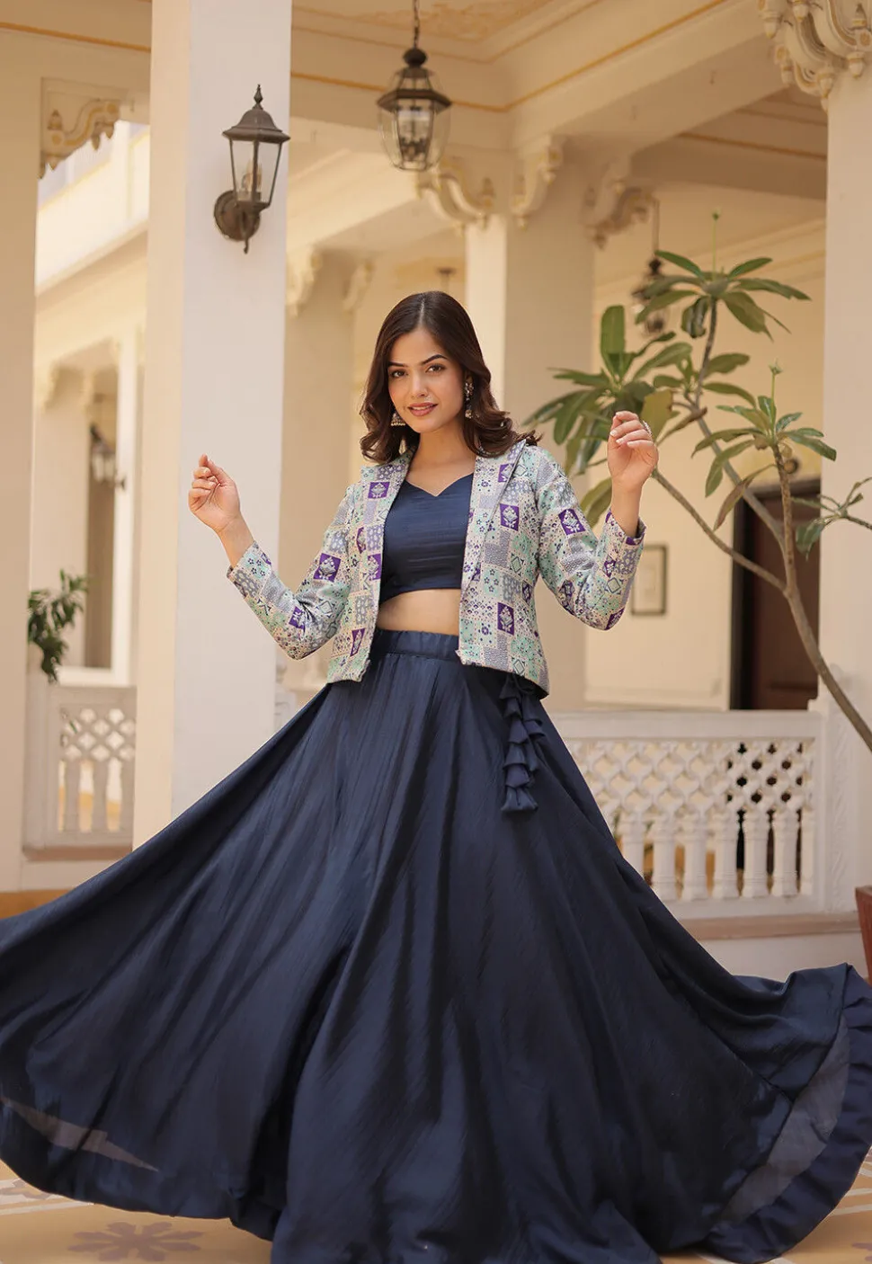 Woven Chinon Silk Lehenga in Navy Blue