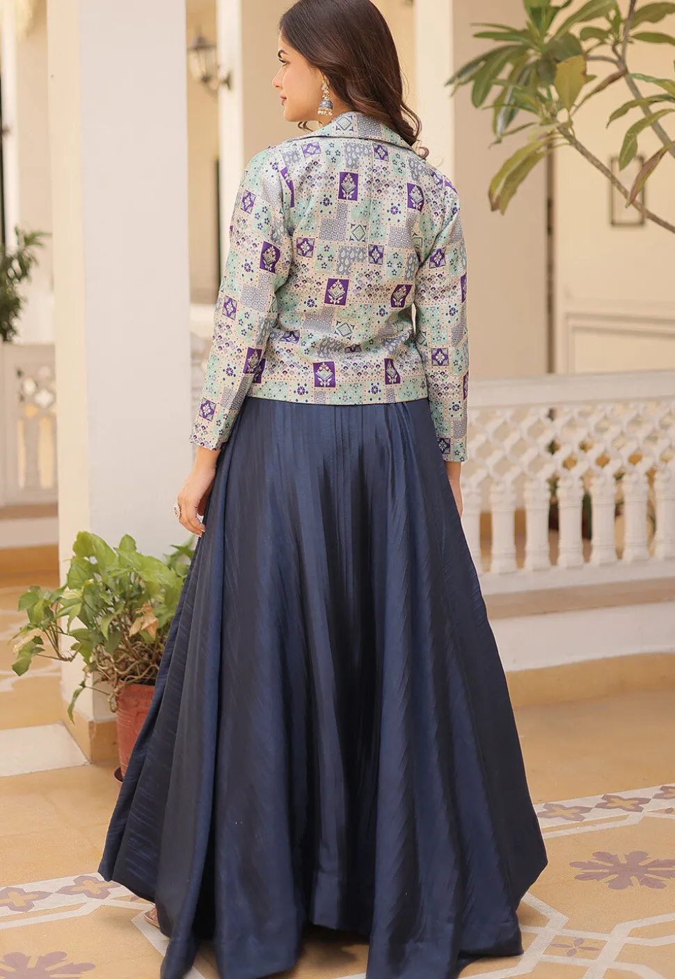 Woven Chinon Silk Lehenga in Navy Blue