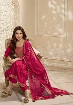 Woven Chinon Silk Pakistani Suit in Fuchsia