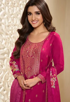 Woven Chinon Silk Pakistani Suit in Magenta