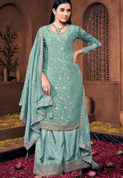 Woven Chinon Silk Pakistani Suit in Sea Green