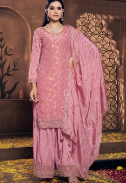Woven Chinon Silk Pakistani Suit in Pink