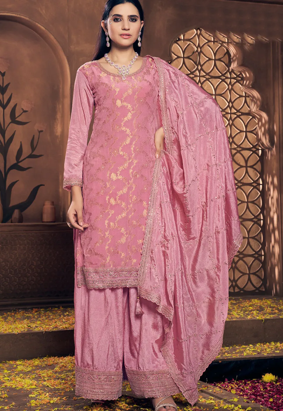Woven Chinon Silk Pakistani Suit in Pink