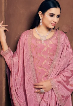 Woven Chinon Silk Pakistani Suit in Pink